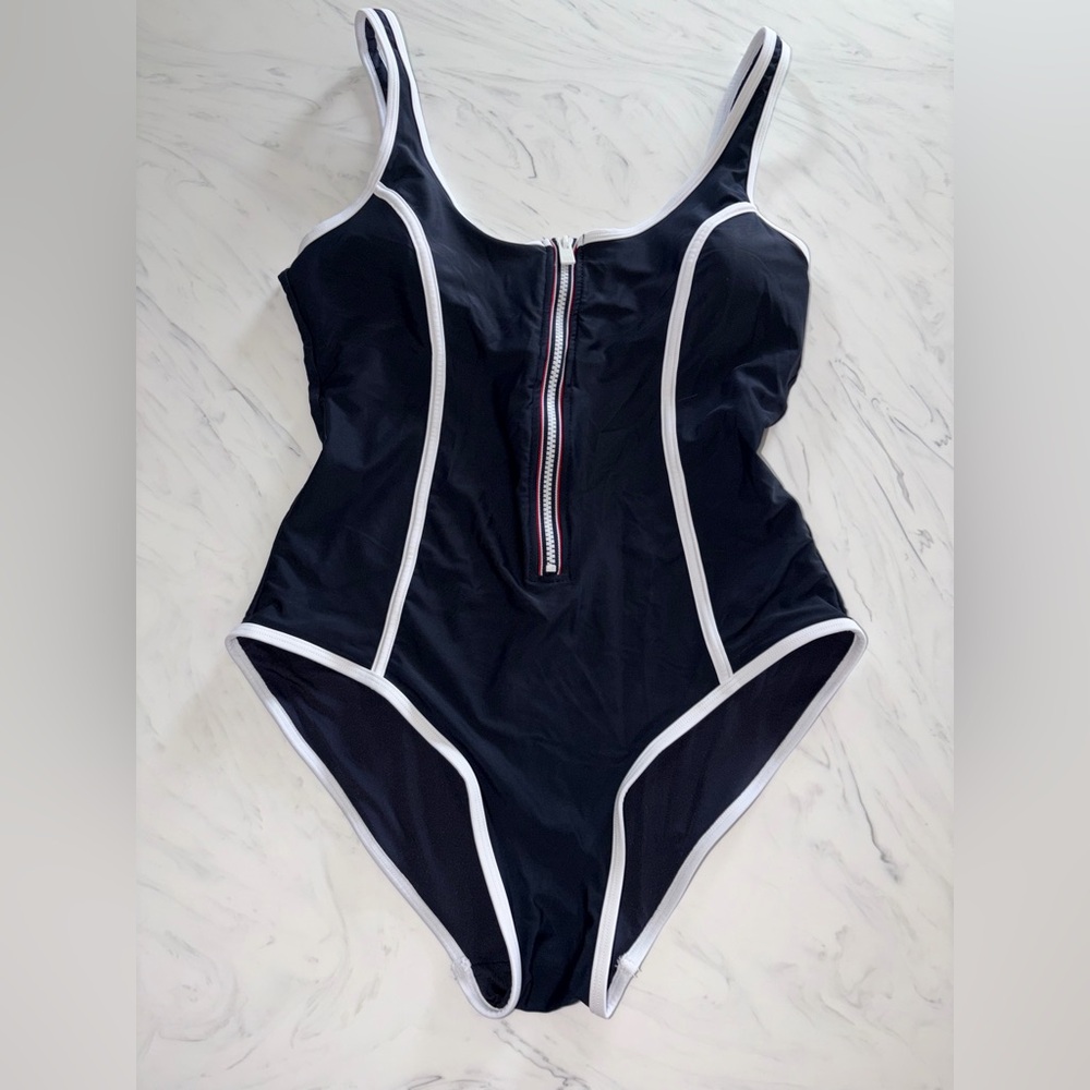 Tommy hilfiger one piece white piped red navy zip front swim suit bathing large